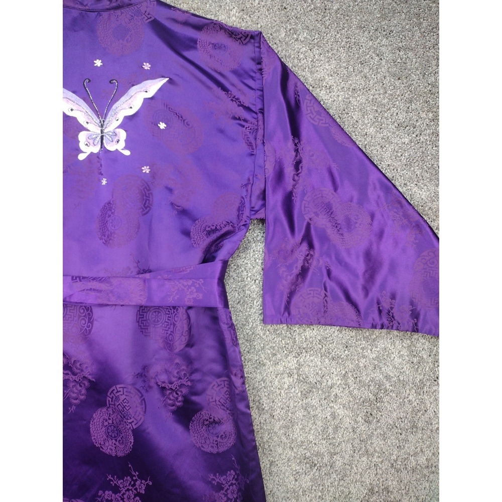 Vintage Japanese Belted Kimono Silky Dark Purple W Huge Butterfly Robe MCM 70's - Picture 13 of 16